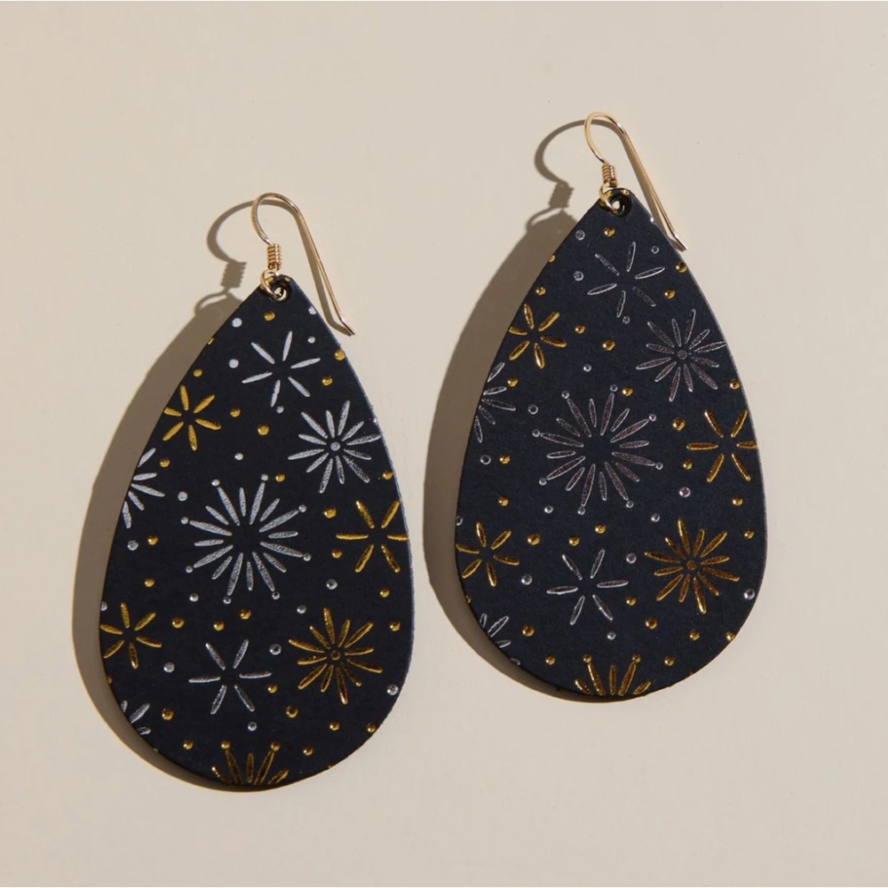 Nickel & Suede Elegant Black and Gold Firework Teardrop Earrings